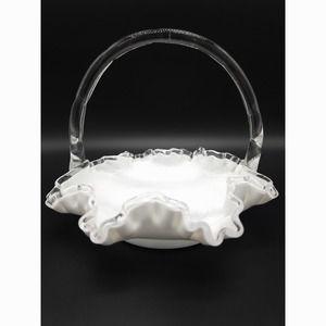 VTG FENTON Silver Crest White Milk Glass Basket with Crimped Ruffle Edge